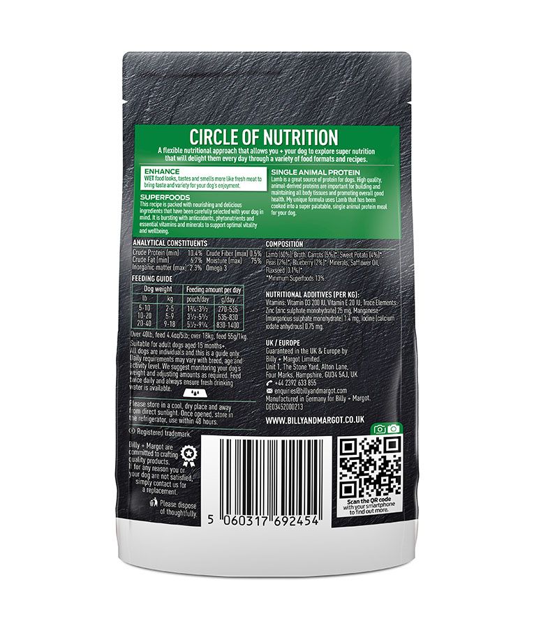 Billy & Margot Lamb with Superfoods Adult Wet Dog Food 150g Pouch