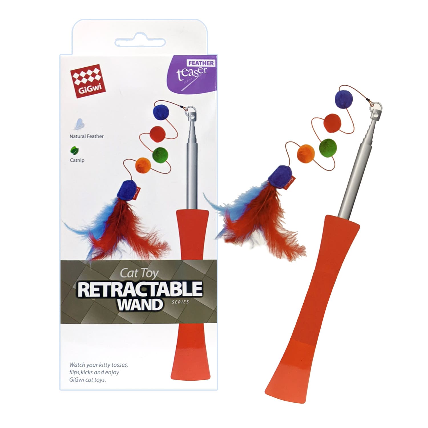 GiGwi Extendable Catwand Feather Teaser with rattle and tpr handle