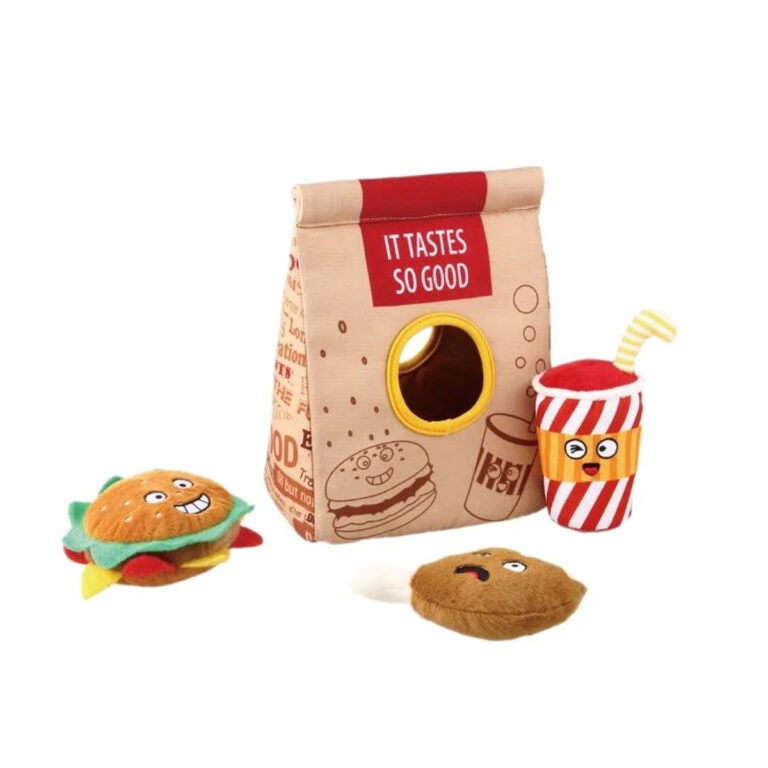 GiGwi Hide N Seek Fast Food Bag with Plush Hamburg, Coke and Fried Chicken