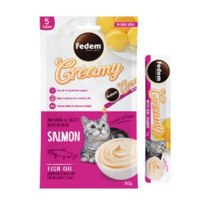 Fedem Cat Creamy Treats – Salmon Flavour with Egg Yolk 60gx5 pcs (box contain 12pcs)