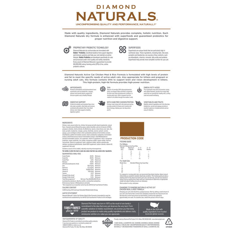 Diamond Naturals Active Cat Chicken Meal & Rice Formula 2kg