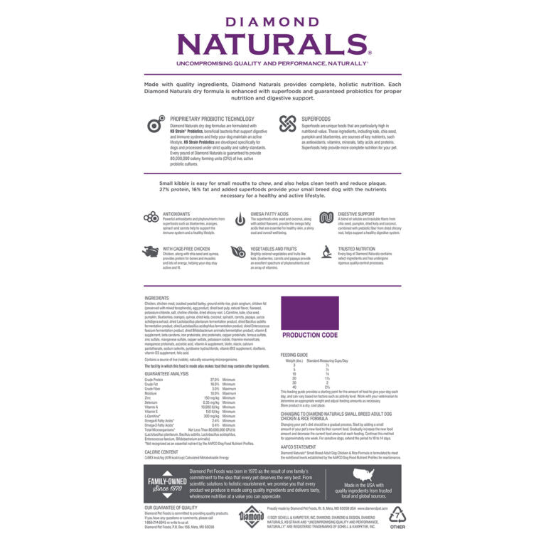 Diamond Naturals Small Breed Adult Dog Chicken & Rice Formula 2kg