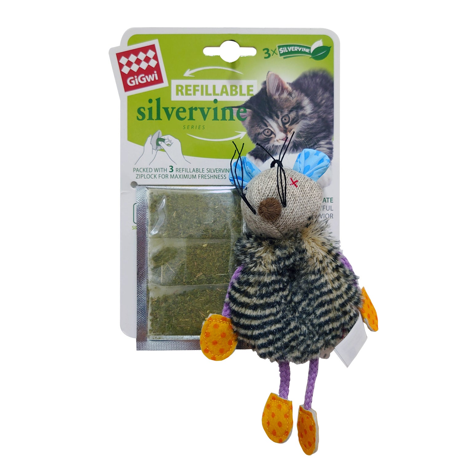 GiGwi Mouse Refillable Slivervine with 3 Slivervine teabags with ziplock bag