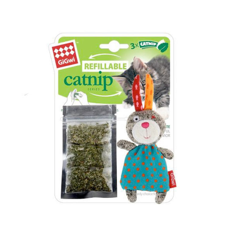 GiGwi Refillable Catnip (Rabbit) with 3 catnip teabags in ziplock bag