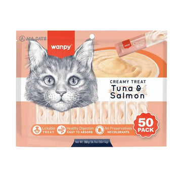 Wanpy Creamy Lickable Cat Treats – Tuna & Salmon ( 14g x 50pcs )