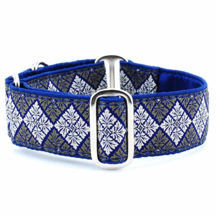 2 Hounds : Small Satin Lined Martingale Collar - Leaf Tile Navy