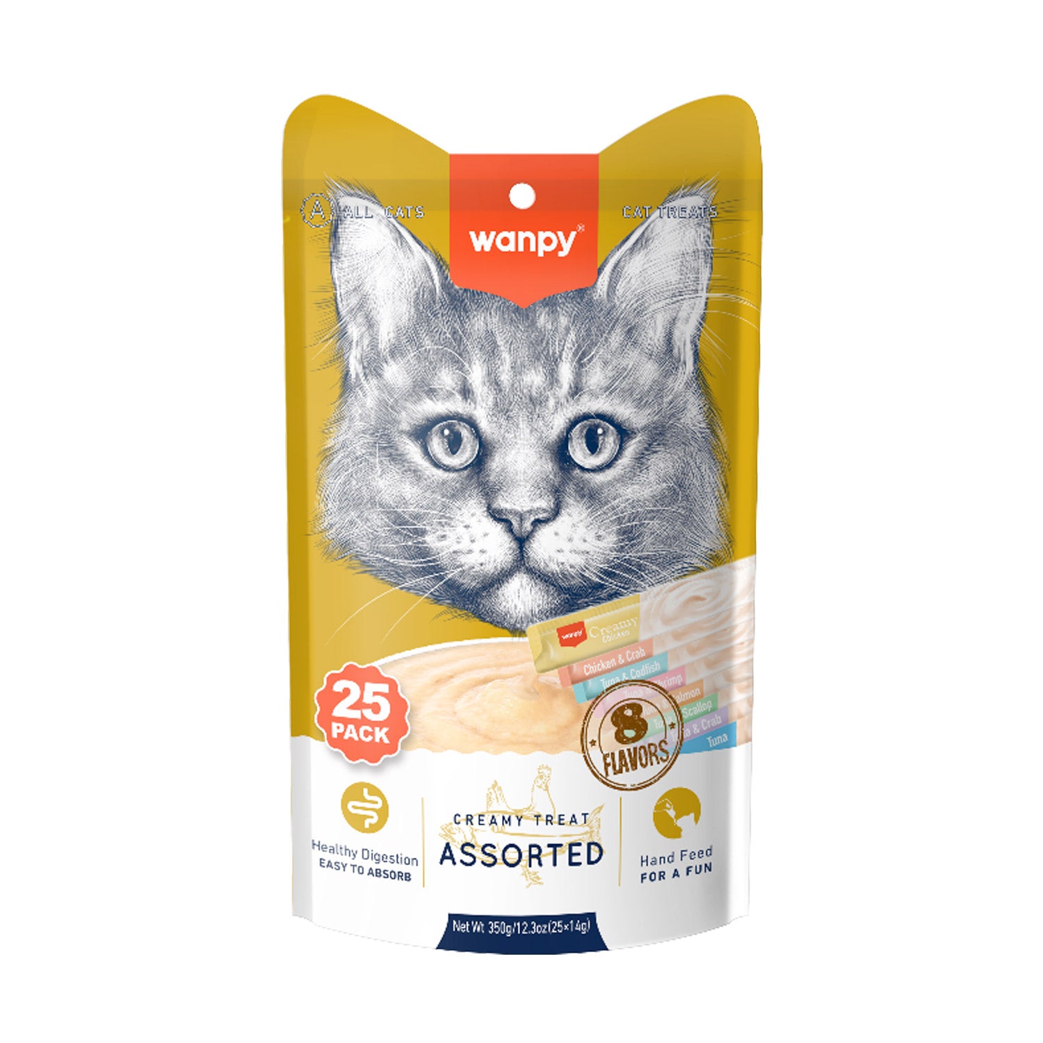 Wanpy Creamy Lickable Cat Treats Assorted – 8 Different Flavors (14g x 25pc)