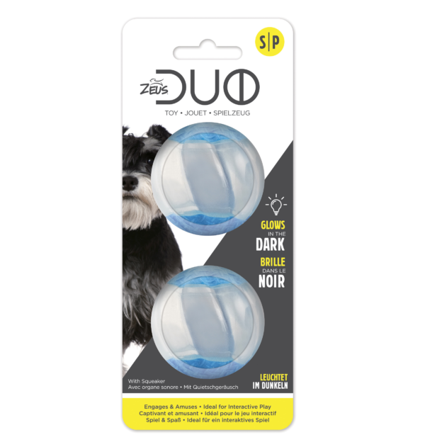Zeus Duo Ball 5cm with Squeaker & Glow 2pk