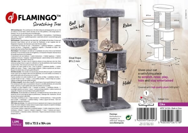 Flamingo: Eiko Grey Cat Scratching Tree 100x73.5x164cm - Image 3